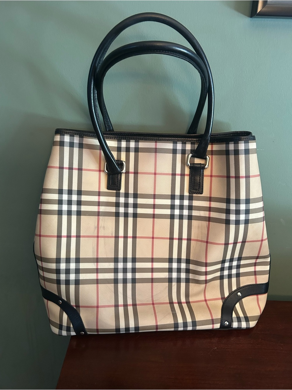 Burberry Beige Plaid Tote with Black Trim and Red Accents
